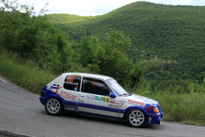 La Peugeot 205 di Efisio Gamba in azione al Rally degli Abeti